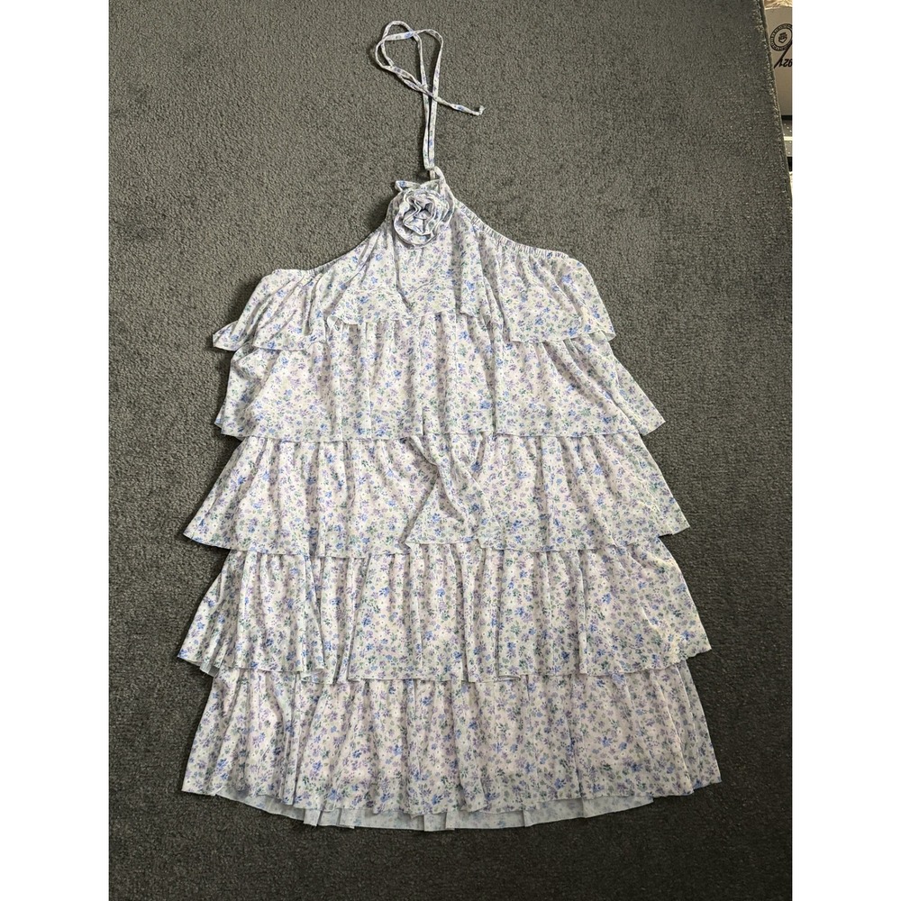 Altar'd State Floral Tiered Ruffle Halter Mini Dress Purple Blue Small E0907M652